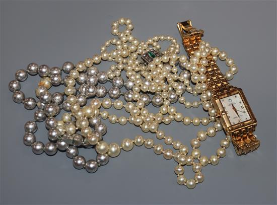 Mixed jewellery, enamelled pendant, simulated pearl necklaces, Klaus Kobec ladys watch etc